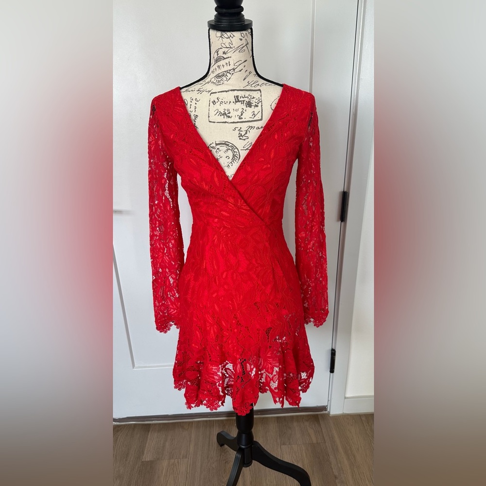 NWT Saints Secrets Elegant Red Lace Wrap-Front Long Sleeve Dress. Size S.